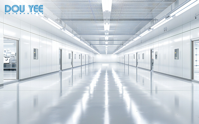 A long, bright, empty cleanroom hallway with sealed doors.