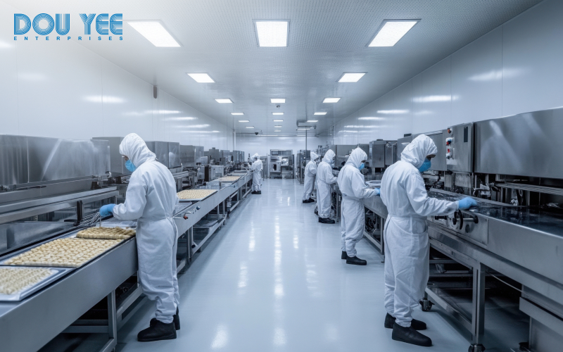 Workers in full PPE suits handling food products in a sterile facility.